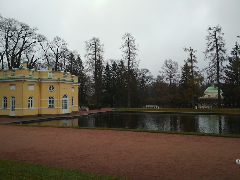 a pond with a building in the background