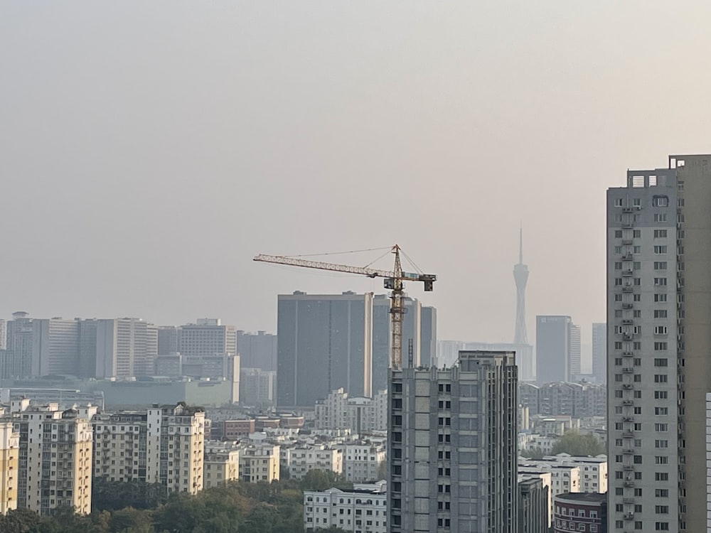 a city with a crane