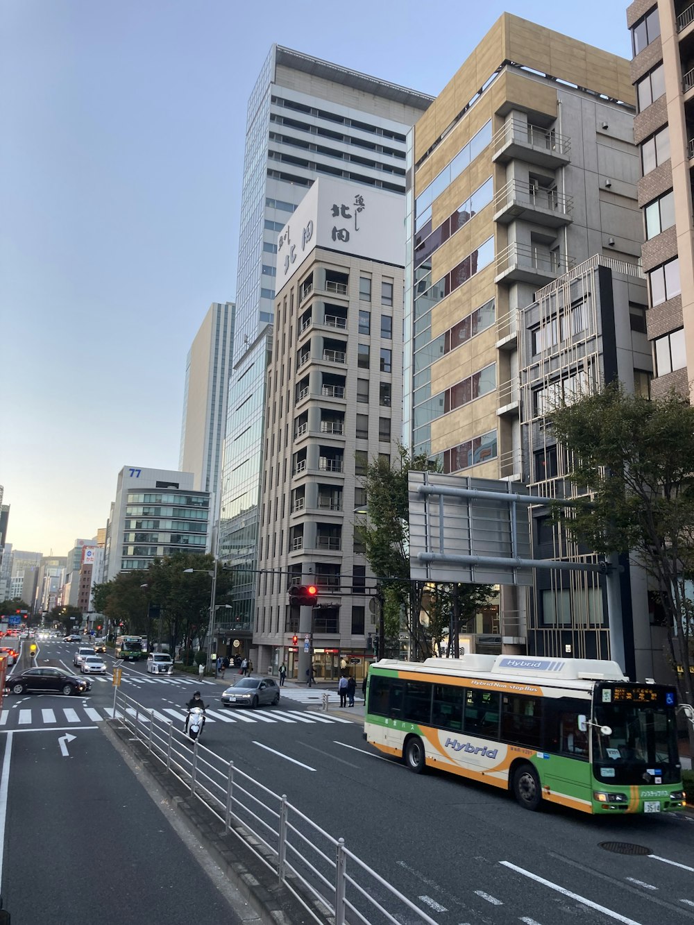 a city street with tall buildings