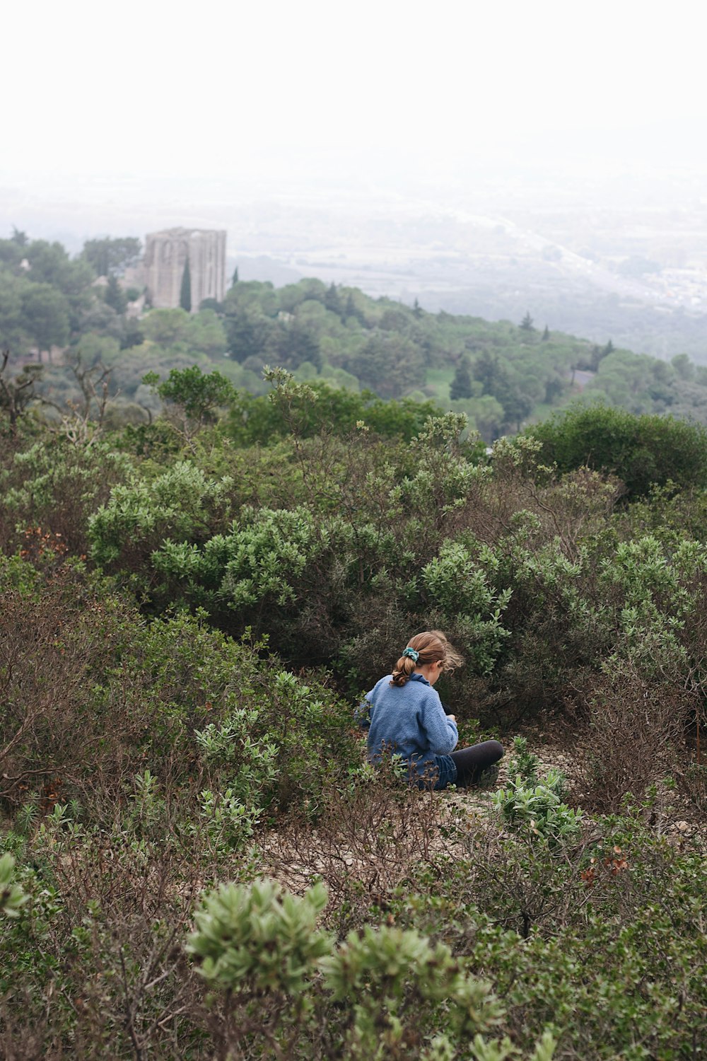 a man sitting in a forest