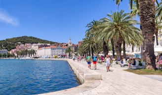 a group of people walking along a waterfront