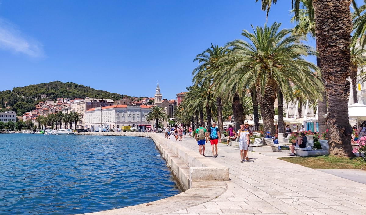 Split March — the palm-lined Riva promenade with people walking, the harbour and Marjan peninsula in the background