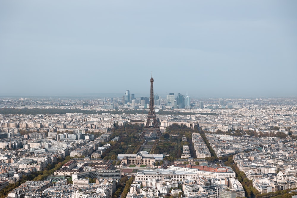 a large city with a tall tower