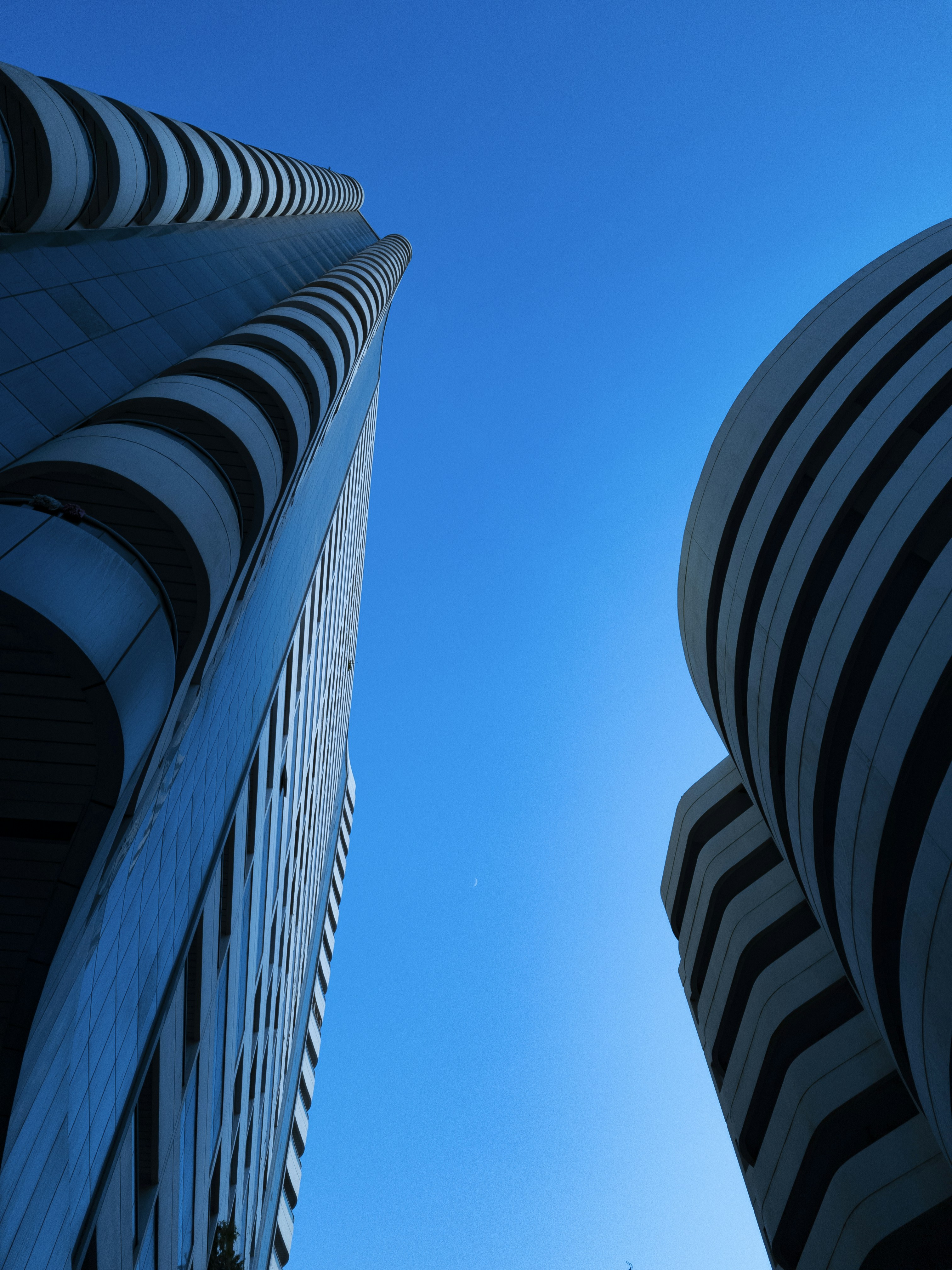 a low angle view of several tall buildings