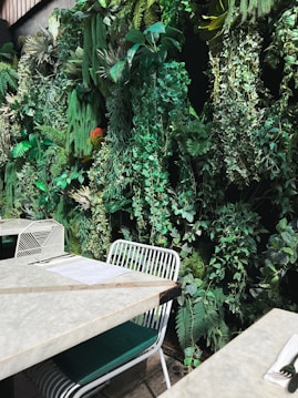 A lush vertical garden with a variety of plants featuring different shades of green dominates the background. In the foreground, there are white marble tables and chairs with a modern design. Sunlight filters through, creating a calm and inviting atmosphere.