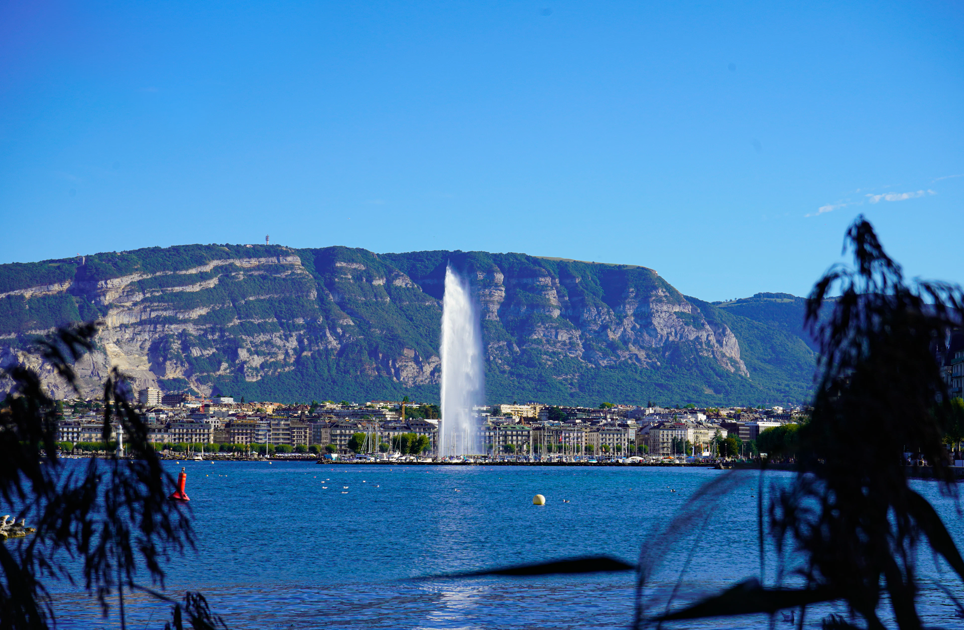 Geneva's Jet d'Eau rising from the lake with the Saleve ridge behind it