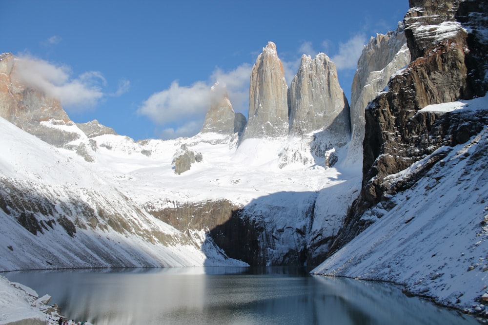 a body of water with snow covered mountains around it