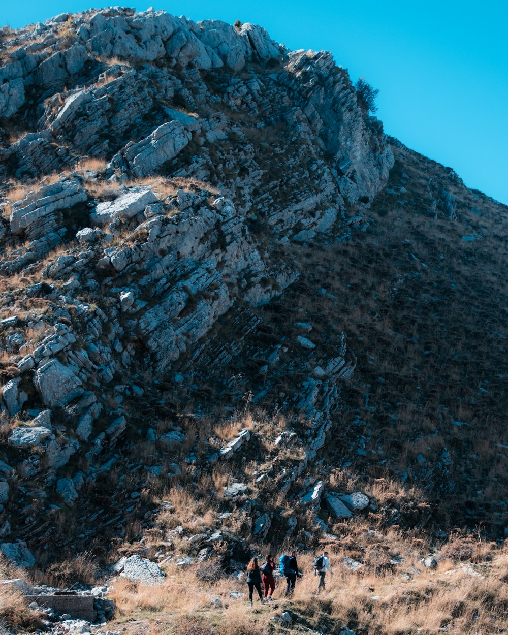 a group of people walking on a rocky hillside