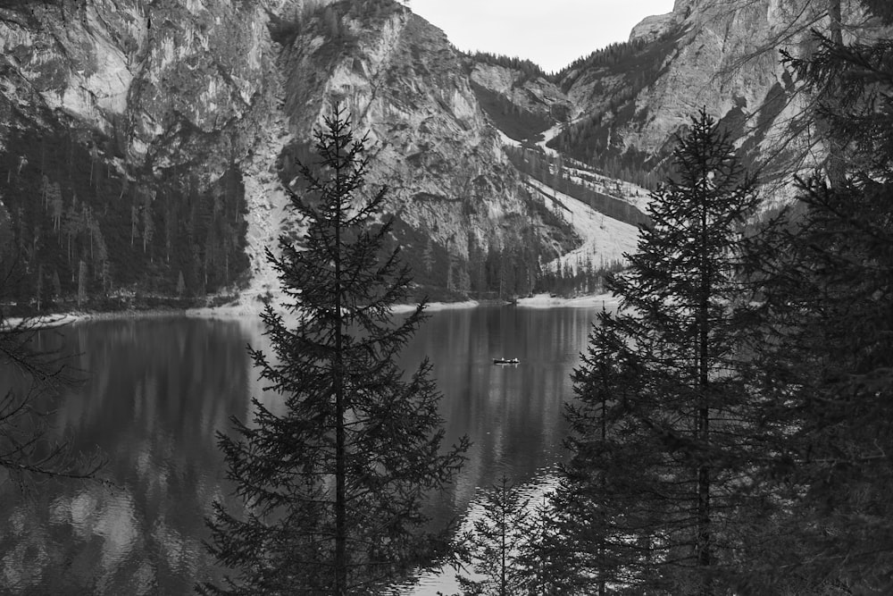 a lake surrounded by trees and mountains