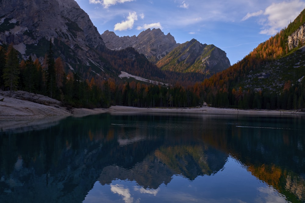 a lake surrounded by mountains and trees