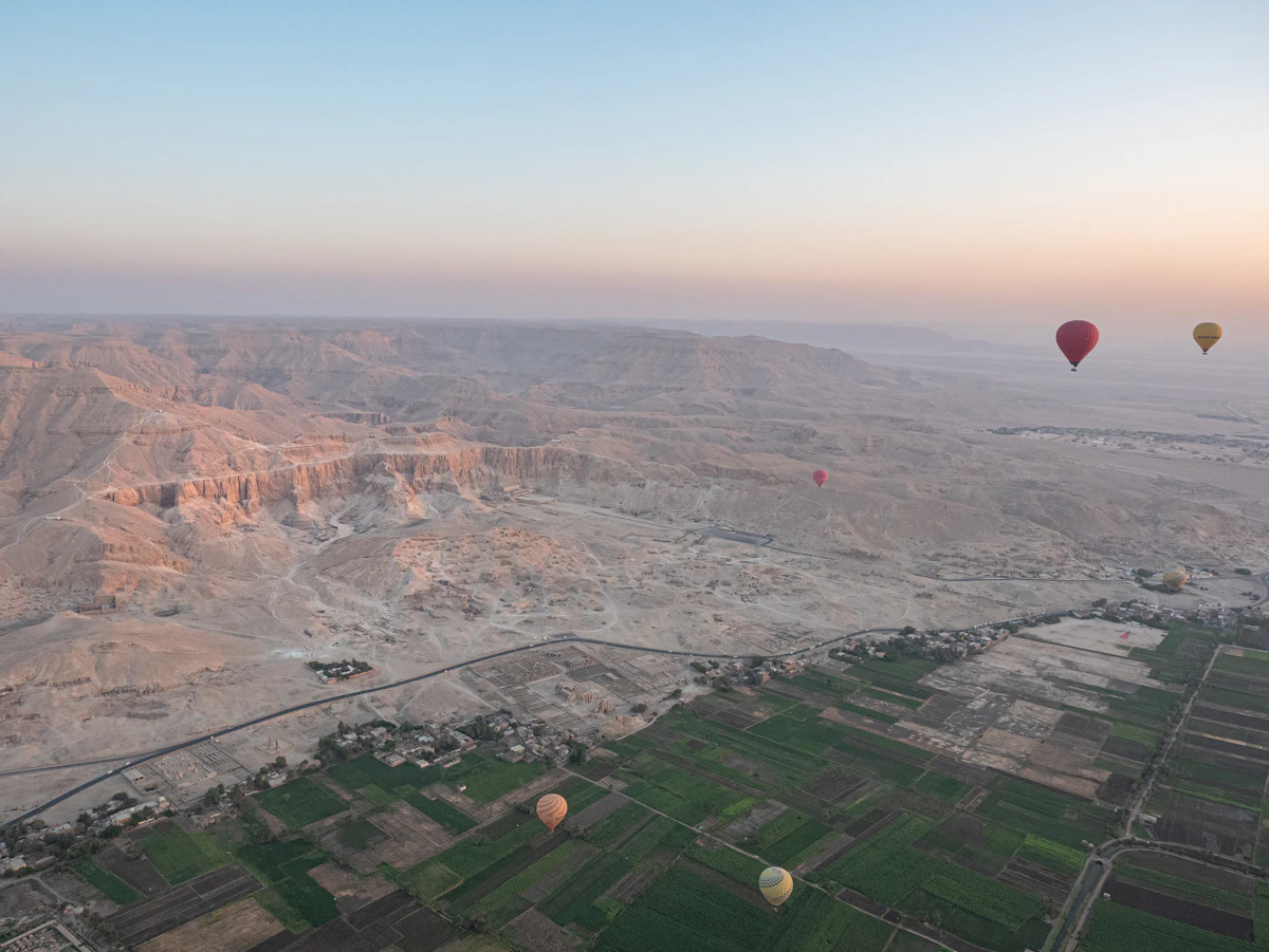 View over the Theban hills on Luxor's West Bank at sunrise
