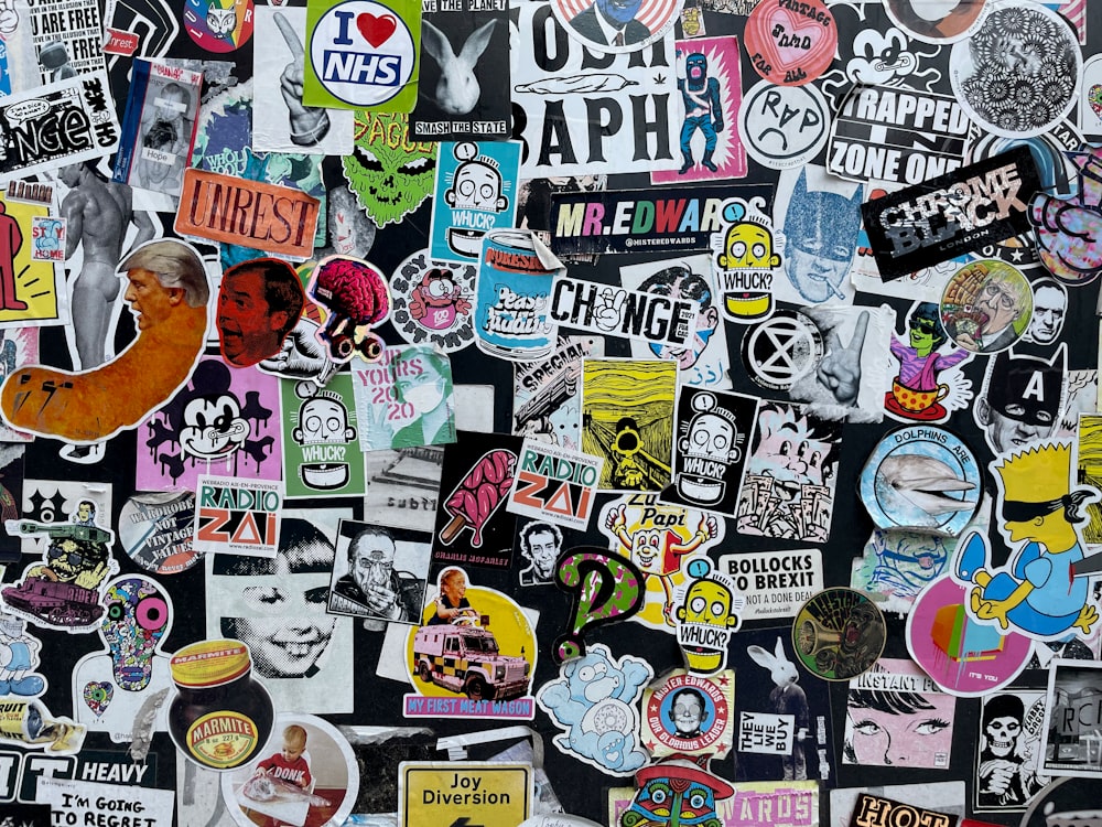 a wall full of stickers
