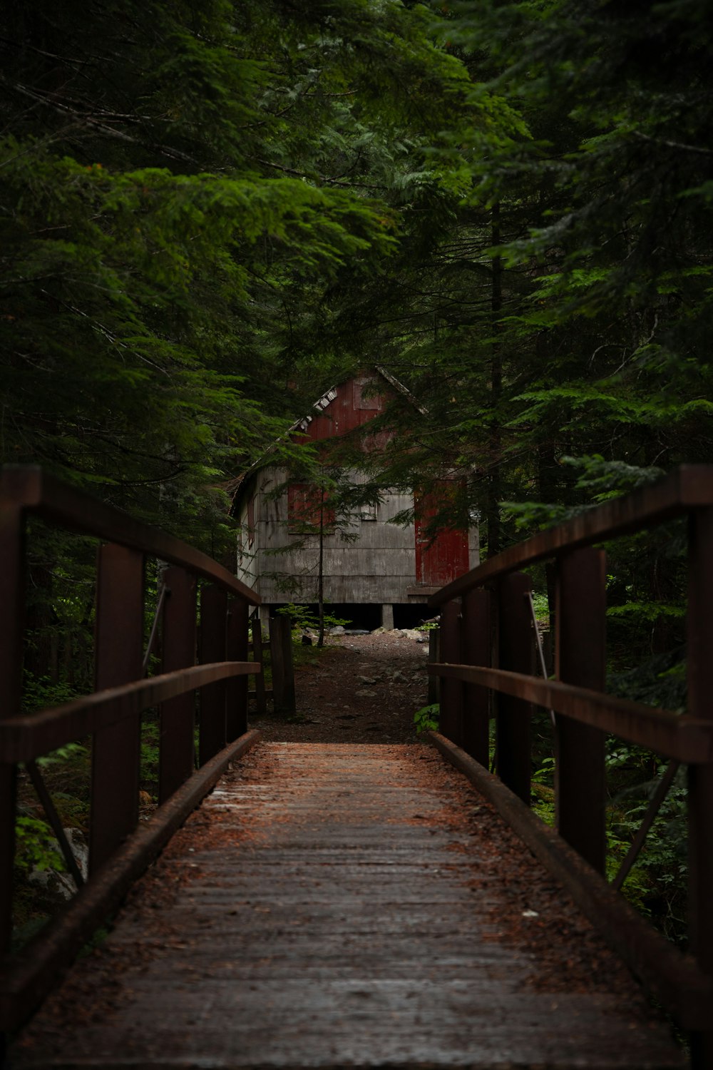 Eine Holzbrücke über einen Fluss