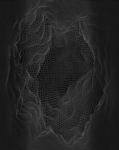 A complex 3D wireframe structure resembling a topographic map or digital terrain is displayed. The lines form a grid pattern with various elevations and depressions, creating an abstract and intricate design against a dark background.