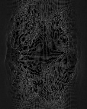 A complex 3D wireframe structure resembling a topographic map or digital terrain is displayed. The lines form a grid pattern with various elevations and depressions, creating an abstract and intricate design against a dark background.