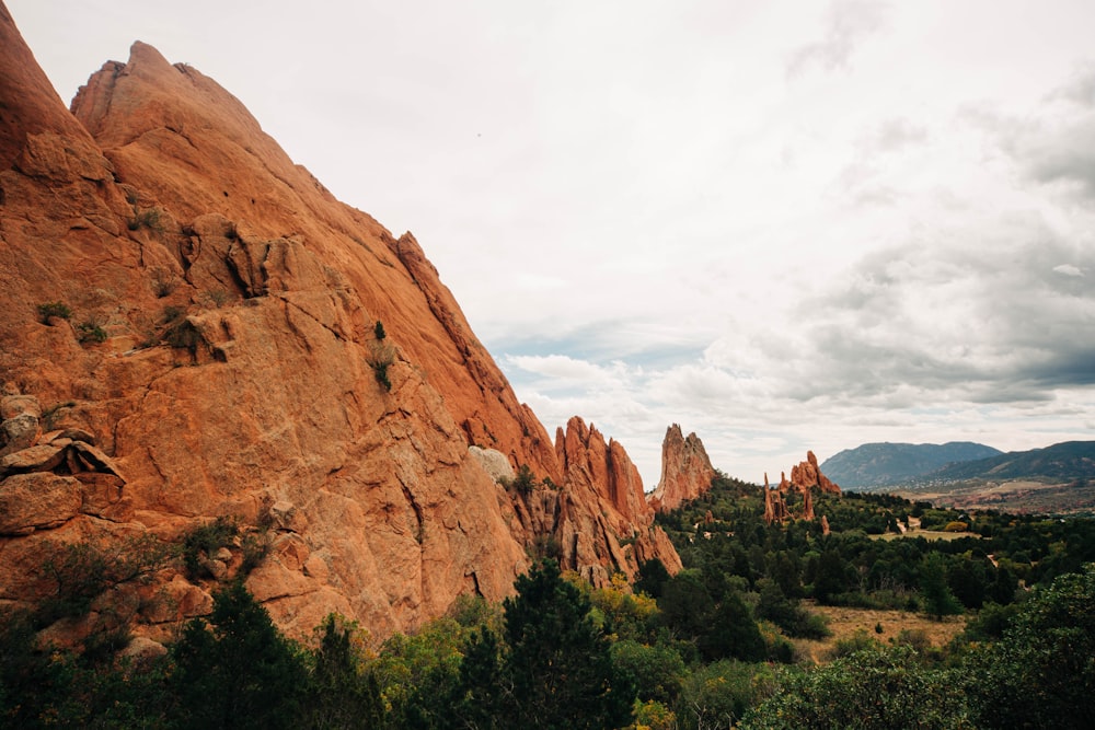 a rocky cliff with trees below with Garden of the Gods in the background