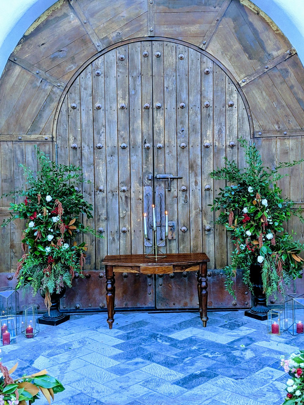 a wooden bench in a room