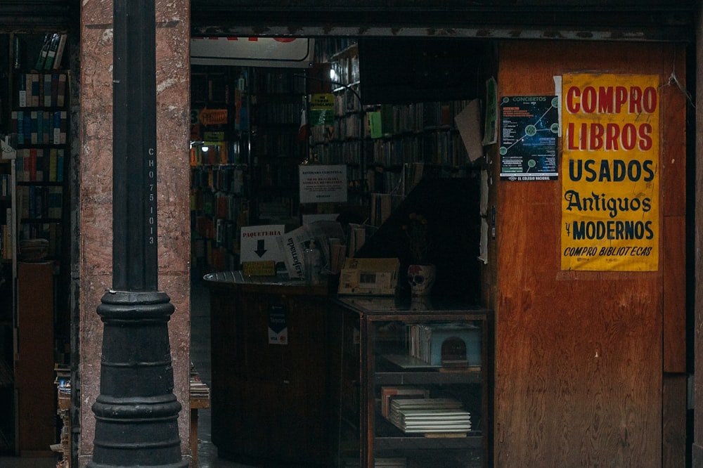 a store front with a sign