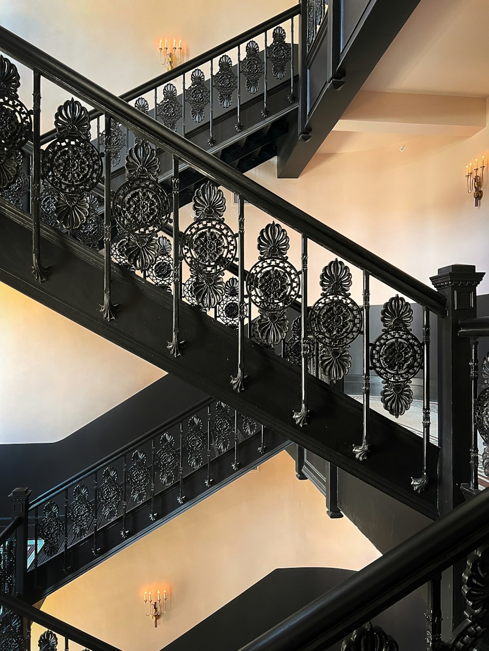 a staircase with railings