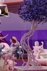 Two digital avatars engaged in a thoughtful AI-powered debate with subtle Buddhist motifs.