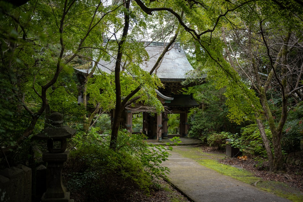 a path with trees and a building in the background