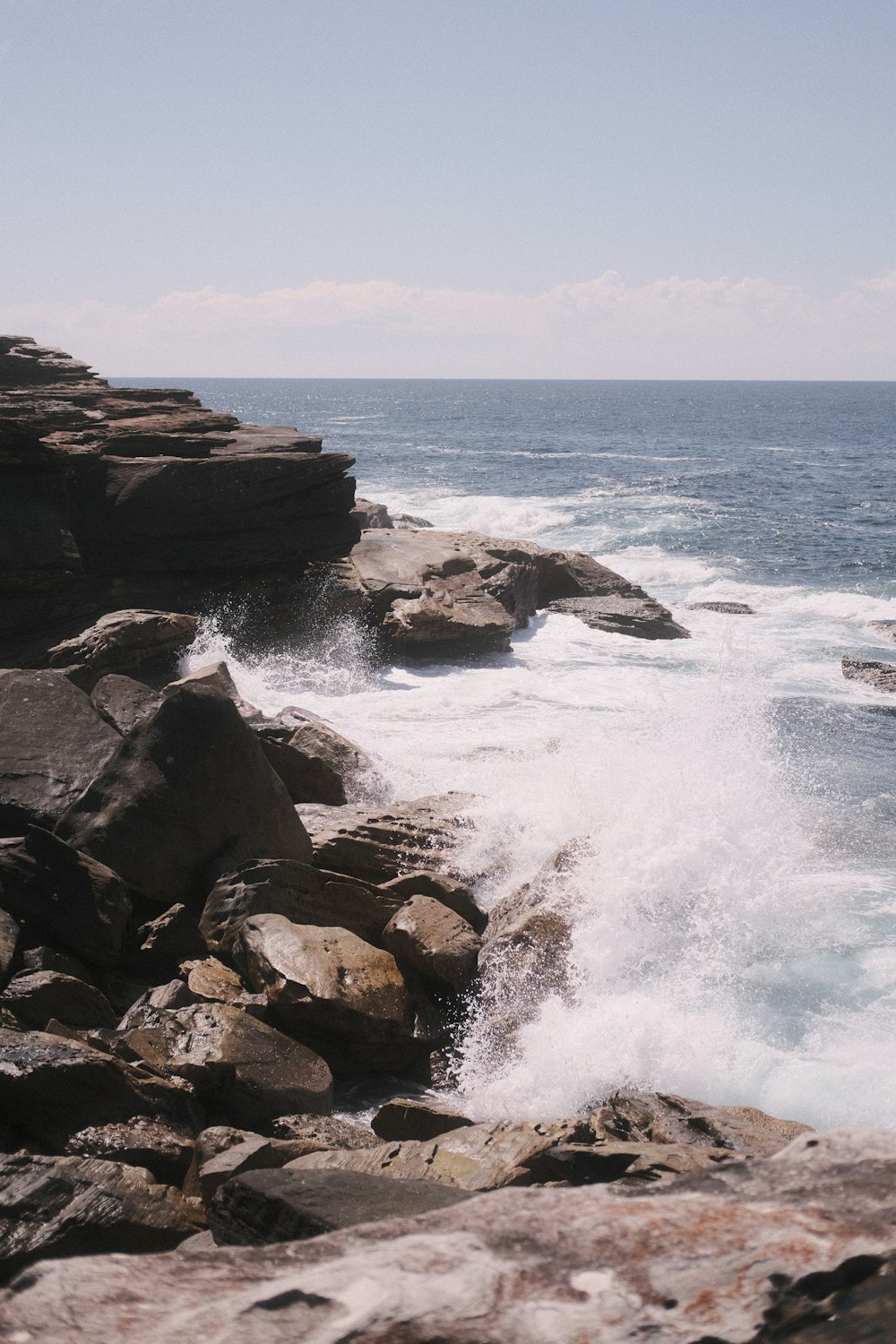 a rocky beach with waves crashing