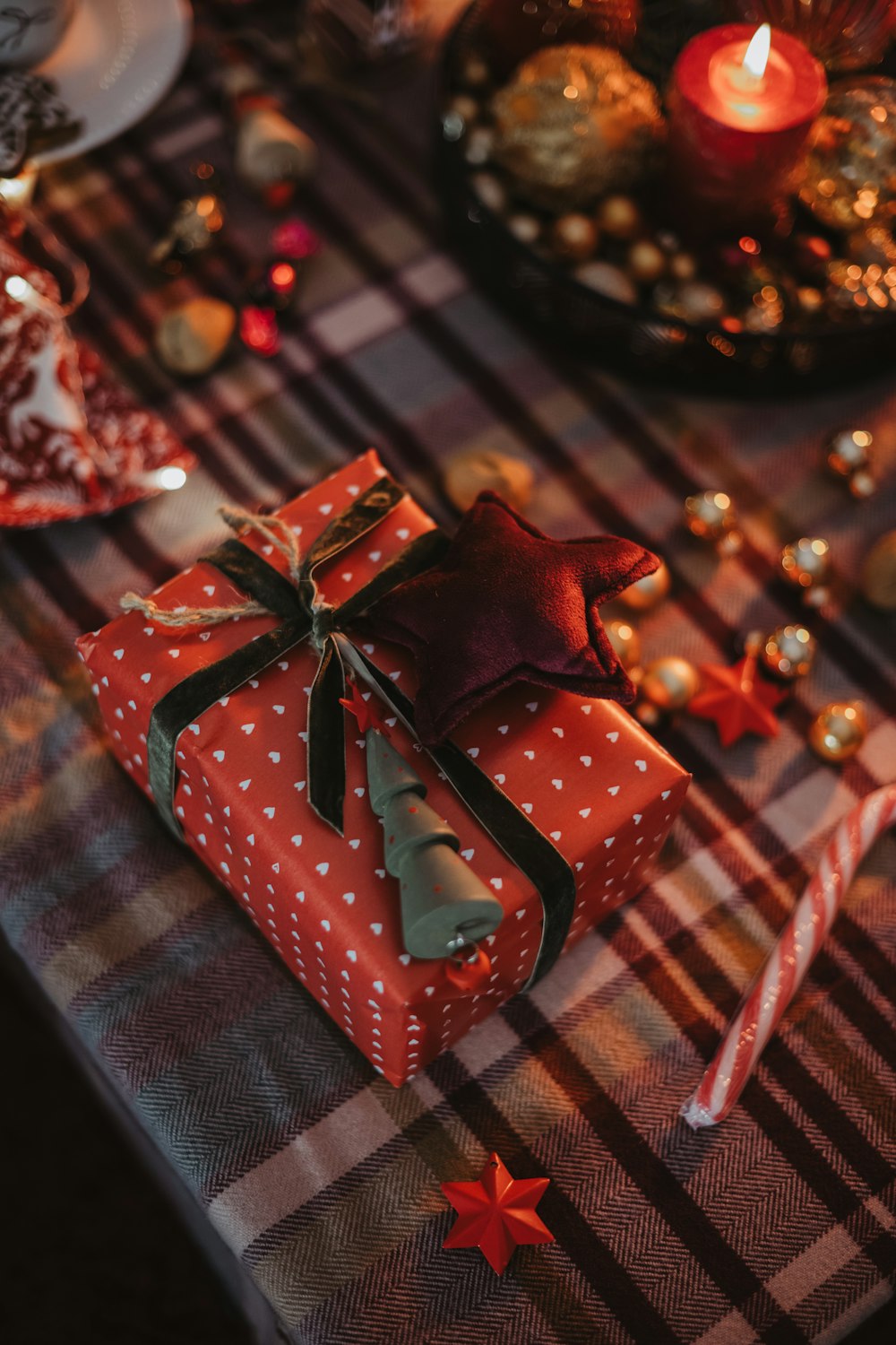 a red bow on a table