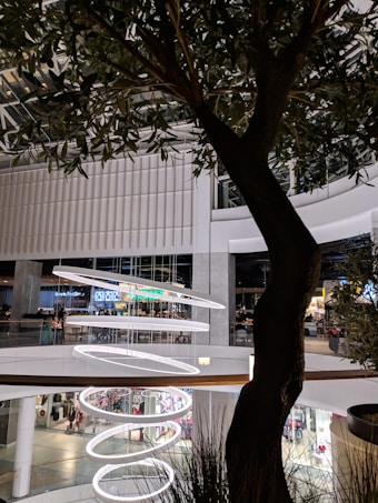 A large, modern shopping mall interior features multiple floors with shops and a food court. A series of spiral-shaped, illuminated rings hang from the ceiling as decorative elements. A tree with lush green leaves stands in the foreground, adding a touch of nature to the setting.