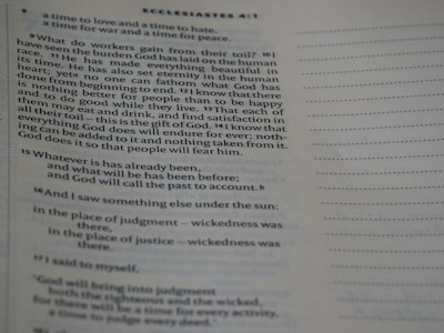 A close-up of a page from a book, specifically a biblical text from Ecclesiastes, featuring text highlighted with verse numbers. The text discusses philosophical reflections on life and human existence.