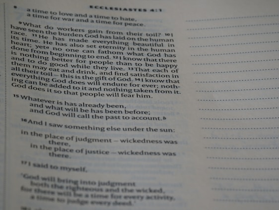 A close-up of a page from a book, specifically a biblical text from Ecclesiastes, featuring text highlighted with verse numbers. The text discusses philosophical reflections on life and human existence.