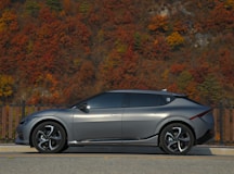 a silver car parked on the side of a road with trees in the background