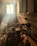 A rustic workshop setting with sunlight streaming through a window, illuminating dust particles in the air. Various woodworking tools, such as a lathe, are visible on the workbench, and wooden chairs are scattered around the room. The walls are unfinished brick, adding to the workshop's vintage feel.