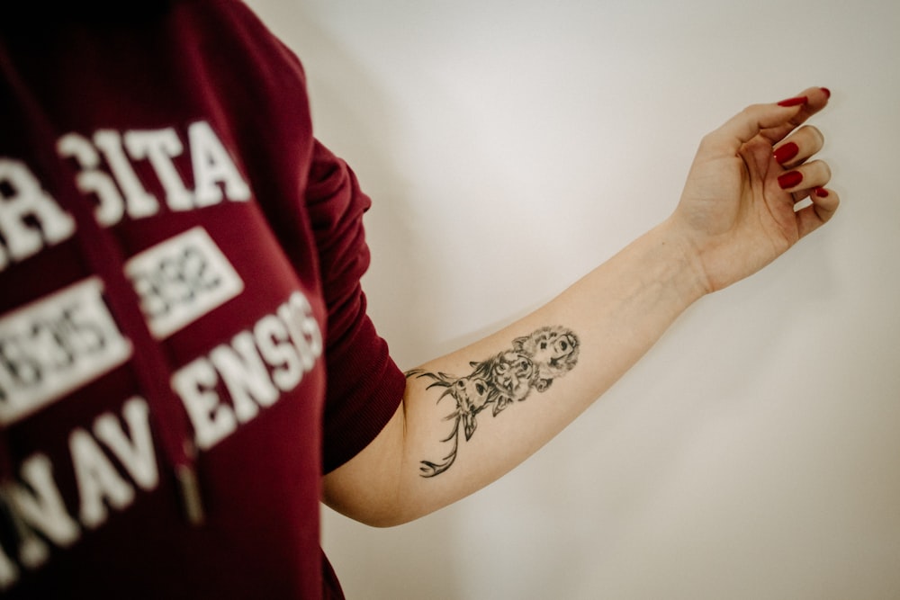 a person's arm with tattoos