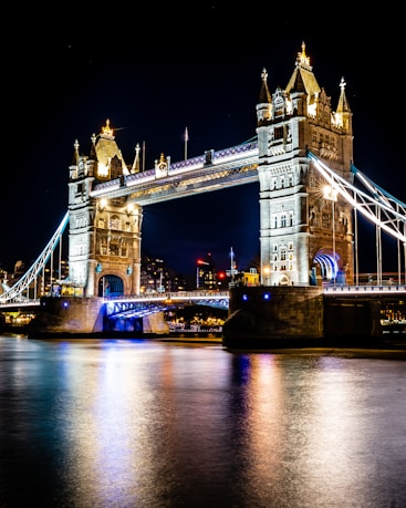 a bridge with towers and towers at night