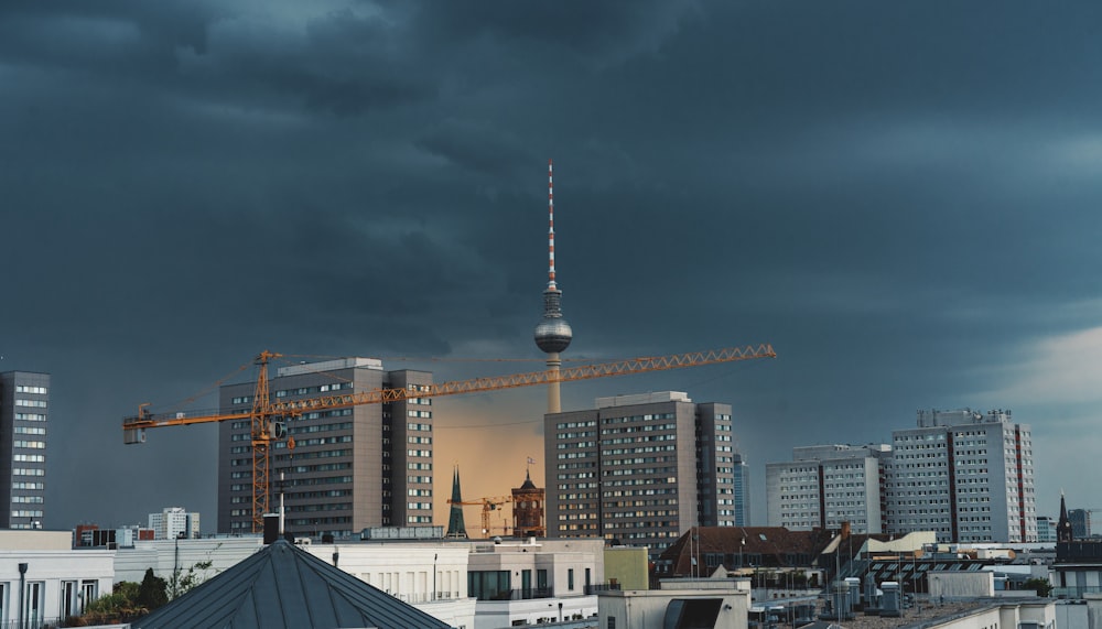 a city with a crane