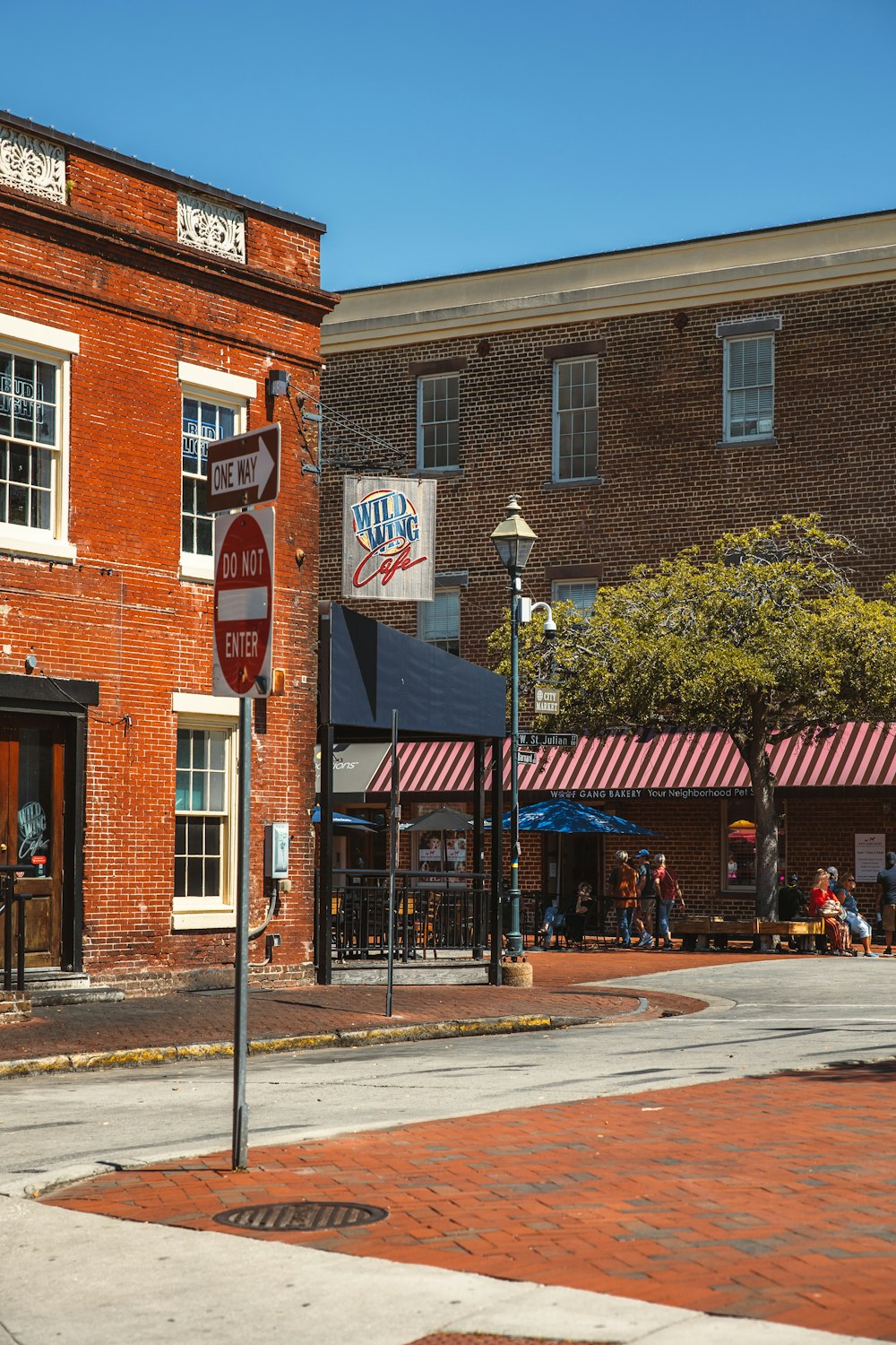 a street corner with a restaurant