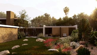 a backyard with a fence and trees