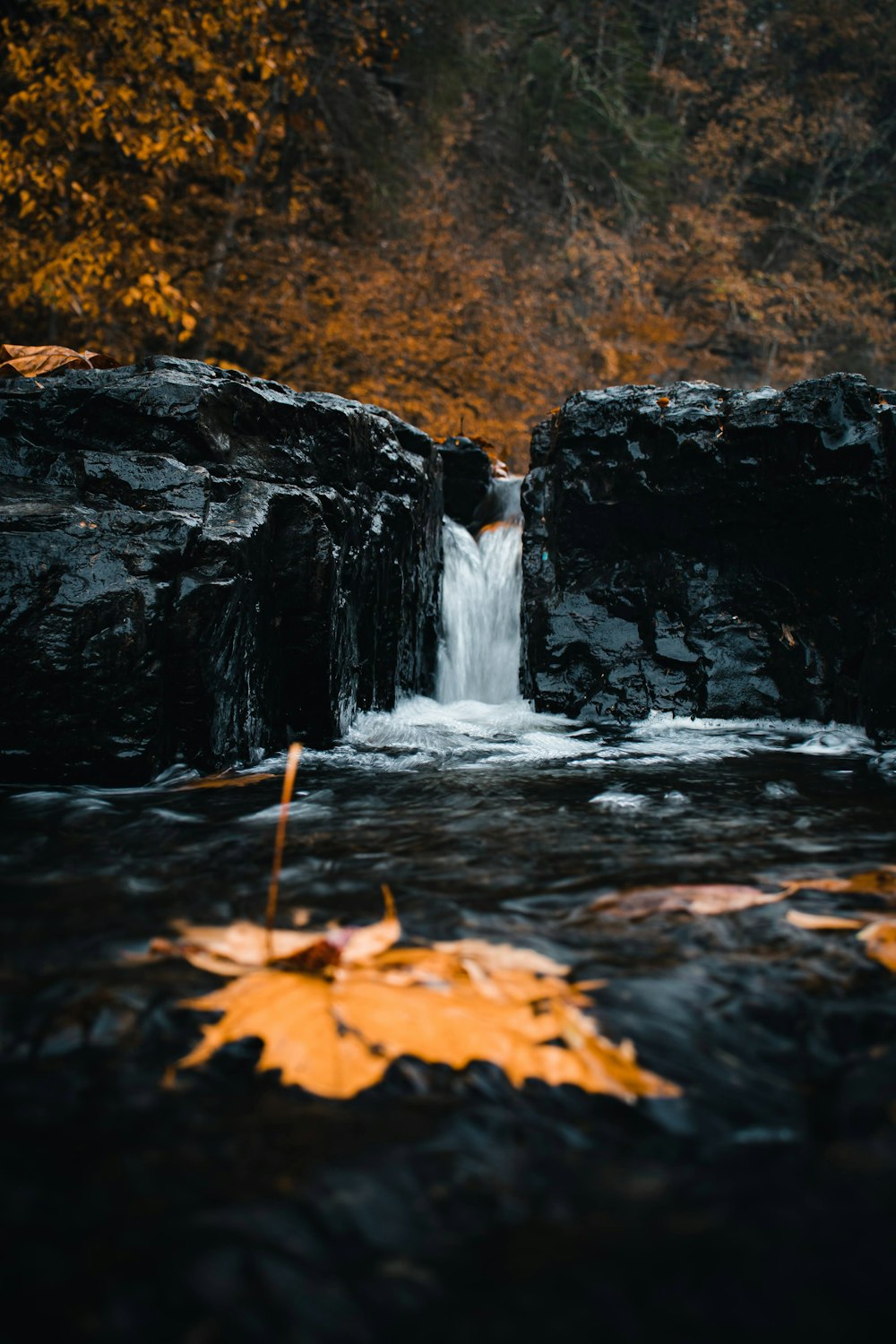 a waterfall with a yellow stick