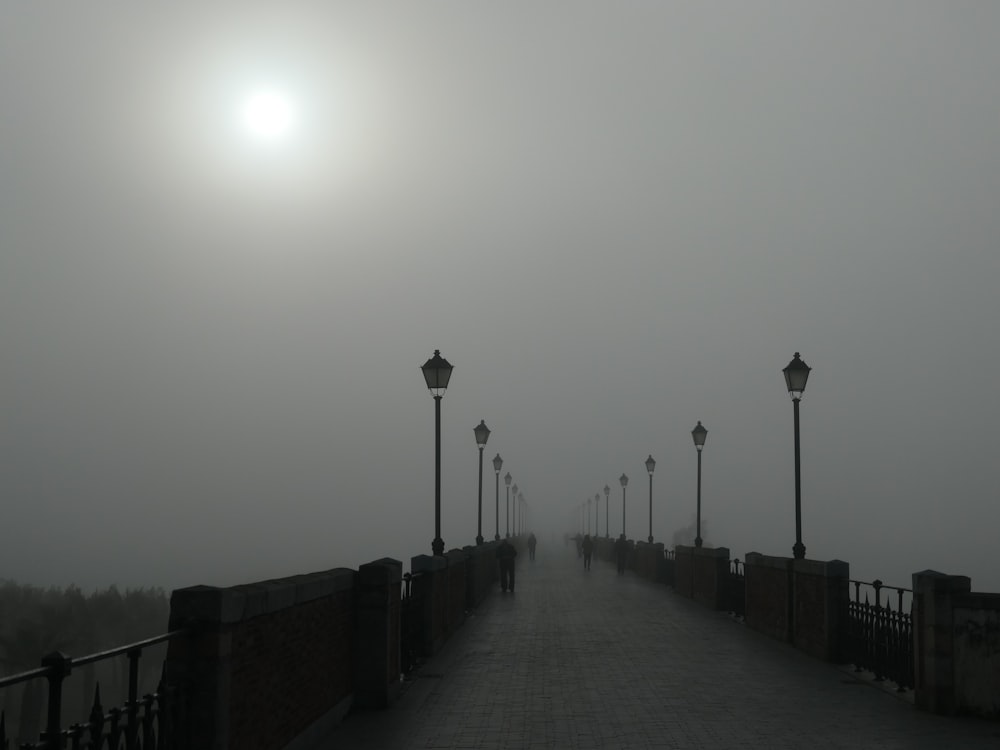 a foggy walkway with lamps on either side of it