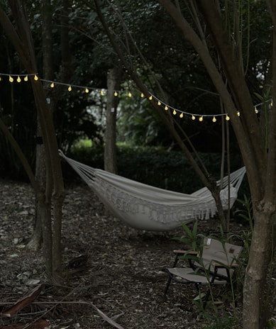 A beautifully arranged hammock chair in a cozy outdoor setting.