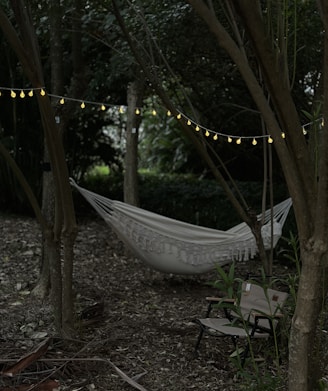 A cozy hammock chair set up in a serene outdoor setting.
