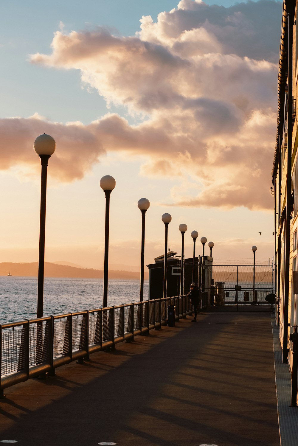 a walkway with lamps on either side of it