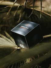A black box with gold and white text labeled 'ANIMA VINCI ROSE PRANA' sits on top of a large, leafy green surface. The lighting is subdued and creates a natural, earthy atmosphere.