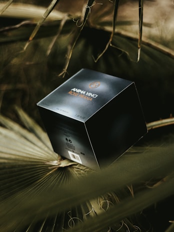 A black box with gold and white text labeled 'ANIMA VINCI ROSE PRANA' sits on top of a large, leafy green surface. The lighting is subdued and creates a natural, earthy atmosphere.