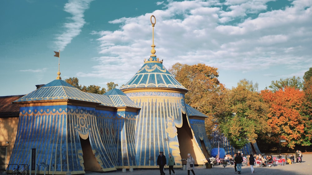 a building with a blue roof