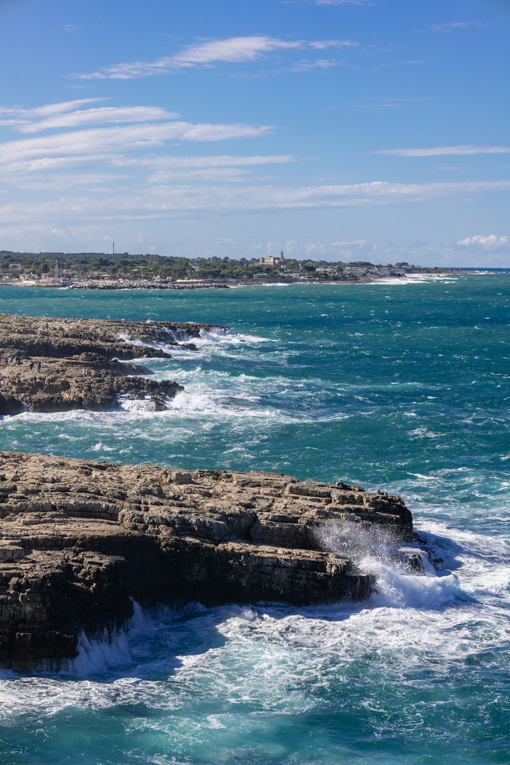 a rocky beach with a city in the background