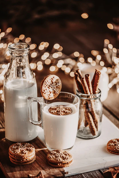 A rustic wooden crate filled with fresh milk bottles and assorted dairy products, set on a farmhouse table with morning sunlight streaming in.