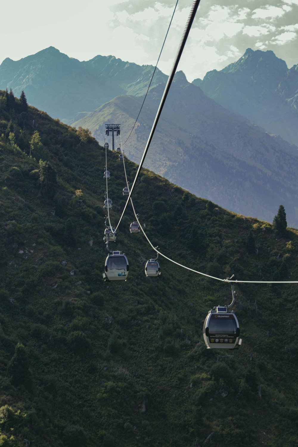 a group of cars on a cable