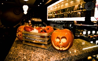 a group of carved pumpkins