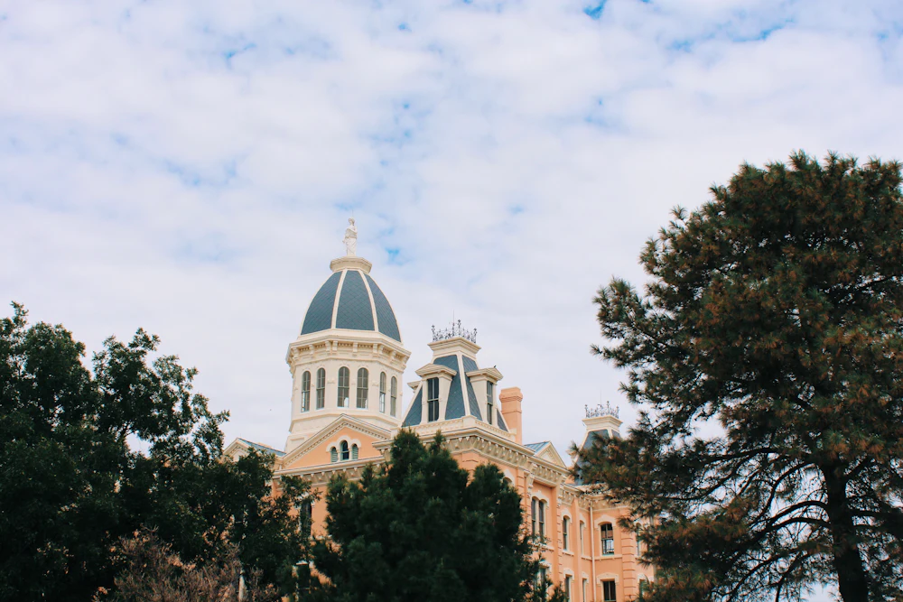 A domed county courthouse seen through trees
